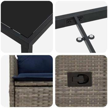 5-teiliges Garten-Essset mit Kissen aus grauem Poly Rattan, Gartentisch Schwarz 80x80x73 cm mit gehärtetem Glas