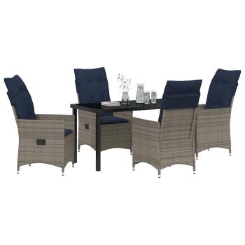 5-teiliges Garten Essset mit Kissen graues Polyrattan, Gartentisch Schwarz 140x80x73 cm mit Sicherheitsglas