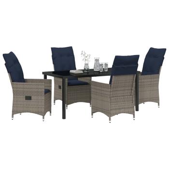 5-teiliges Garten-Esszimmer Set mit Kissen Grau Poly Rattan, Gartentisch Schwarz 160x80x73 cm mit Temperglas