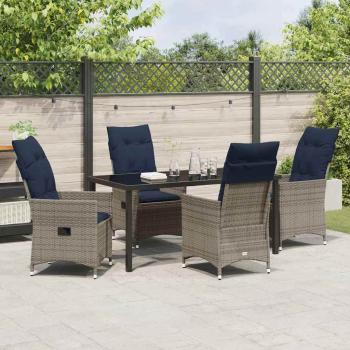 5-teiliges Garten-Esszimmer Set mit Kissen Grau Poly Rattan, Gartentisch Schwarz 160x80x73 cm mit Temperglas