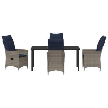 5-teiliges Garten-Esszimmer Set mit Kissen Grau Poly Rattan, Gartentisch Schwarz 160x80x73 cm mit Temperglas