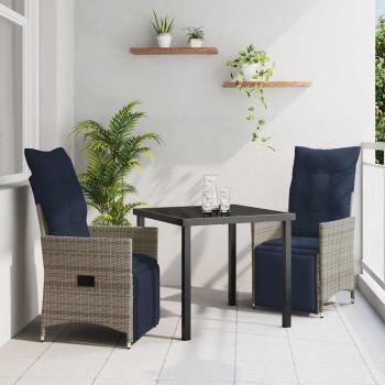 ARDEBO.de - 3-teiliges Garten Esszimmer Set mit Kissen Grau Poly-Rattan, Gartentisch Schwarz 80x80x73 cm Temperglas
