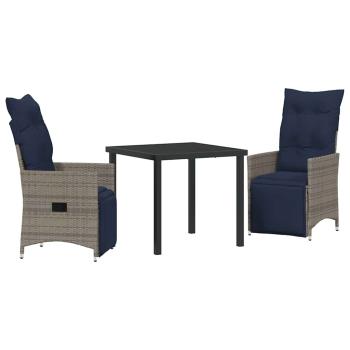 3-teiliges Garten Esszimmer Set mit Kissen Grau Poly-Rattan, Gartentisch Schwarz 80x80x73 cm Temperglas