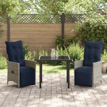 3-teiliges Garten Esszimmer Set mit Kissen Grau Poly-Rattan, Gartentisch Schwarz 80x80x73 cm Temperglas