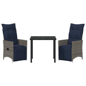 3-teiliges Garten Esszimmer Set mit Kissen Grau Poly-Rattan, Gartentisch Schwarz 80x80x73 cm Temperglas