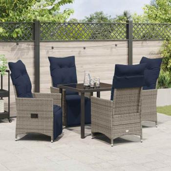 5-teilige Garten Essgruppe mit Kissen Grau Poly Rattan, Gartentisch Schwarz 80x80x73 cm Sicherheitsglas