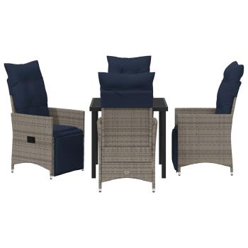 5-teilige Garten Essgruppe mit Kissen Grau Poly Rattan, Gartentisch Schwarz 80x80x73 cm Sicherheitsglas