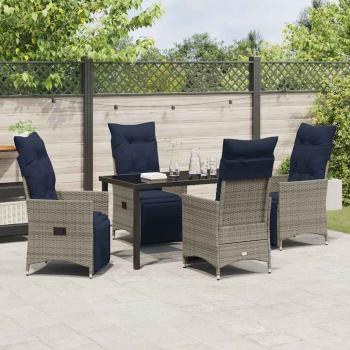 5-tlg. Garten Essset mit Kissen in Grau Poly Rattan, Gartentisch Schwarz 140x80x73 cm mit Sicherheitsglas