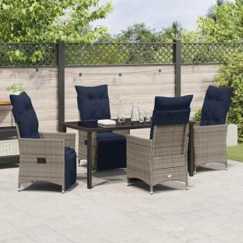 5-teilige Garten Esszimmer Set mit Kissen Graues Poly Rattan, Gartentisch Schwarz 160x80x73 cm Temperglas