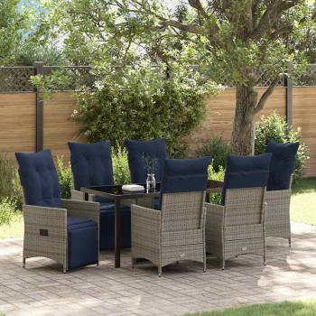 ARDEBO.de - 7 teiliges Garten Essset mit Kissen Grau Poly Rattan, Gartentisch Schwarz 160x80x73 cm Gehärtetes Glas