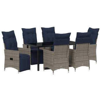 7 teiliges Garten Essset mit Kissen Grau Poly Rattan, Gartentisch Schwarz 160x80x73 cm Gehärtetes Glas