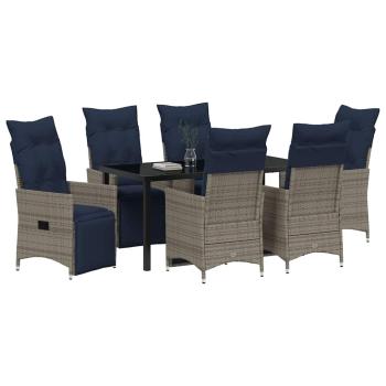 7 teiliges Garten Essset mit Kissen Grau Poly Rattan, Gartentisch Schwarz 160x80x73 cm Gehärtetes Glas