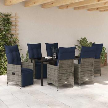 7 teiliges Garten Essset mit Kissen Grau Poly Rattan, Gartentisch Schwarz 160x80x73 cm Gehärtetes Glas