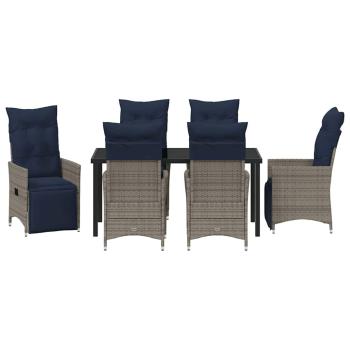 7 teiliges Garten Essset mit Kissen Grau Poly Rattan, Gartentisch Schwarz 160x80x73 cm Gehärtetes Glas
