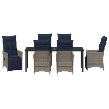7-teiliges Garten Esstisch Set mit Kissen Graues Poly Rattan, Gartentisch Schwarz 200x80x73 cm, Sicherheitsglas