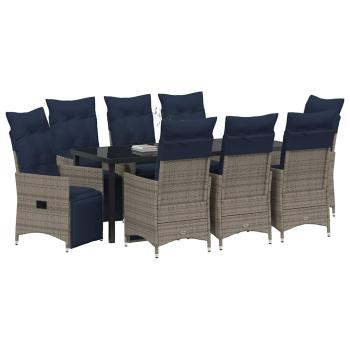 ARDEBO.de - 9-teilige Garten-Essgruppe mit Kissen Grau Poly Rattan, Gartentisch Schwarz 200x80x73 cm Sicherheitsglas