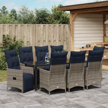9-teilige Garten-Essgruppe mit Kissen Grau Poly Rattan, Gartentisch Schwarz 200x80x73 cm Sicherheitsglas