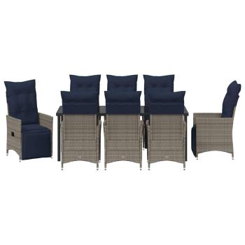 9-teilige Garten-Essgruppe mit Kissen Grau Poly Rattan, Gartentisch Schwarz 200x80x73 cm Sicherheitsglas