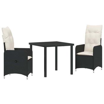 3-teiliges Garten-Esszimmer Set mit Kissen Schwarz Poly Rattan