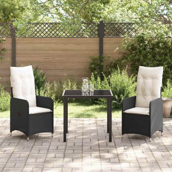 3-teiliges Garten-Esszimmer Set mit Kissen Schwarz Poly Rattan