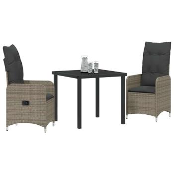 3-teiliges Garten-Esszimmer-Set mit Kissen Grau Poly Rattan