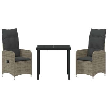 3-teiliges Garten-Esszimmer-Set mit Kissen Grau Poly Rattan