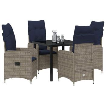5-teiliges Garten-Dining-Set mit Kissen Schwarzes Poly Rattan