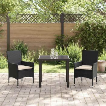 3-teiliges Garten Essset mit Kissen Schwarz Poly Rattan, Gartentisch Schwarz 80x80x73 cm Temperiertes Glas
