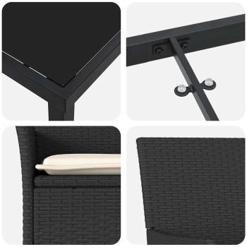 3-teiliges Garten Essset mit Kissen Schwarz Poly Rattan, Gartentisch Schwarz 80x80x73 cm Temperiertes Glas