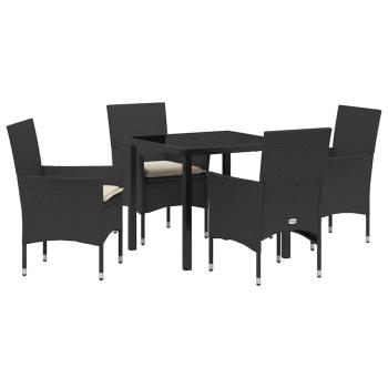 5-teiliges Garten-Dining-Set mit Kissen Schwarzes Poly-Rattan, Gartentisch Schwarz 80x80x73 cm Sicherheitsglas