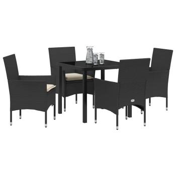 5-teiliges Garten-Dining-Set mit Kissen Schwarzes Poly-Rattan, Gartentisch Schwarz 80x80x73 cm Sicherheitsglas