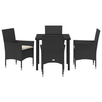 5-teiliges Garten-Dining-Set mit Kissen Schwarzes Poly-Rattan, Gartentisch Schwarz 80x80x73 cm Sicherheitsglas