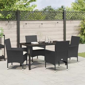 5-teiliges Garten Essgruppe mit Kissen Schwarz Poly-Rattan, Gartentisch Schwarz 140x80x73 cm Sicherheitsglas