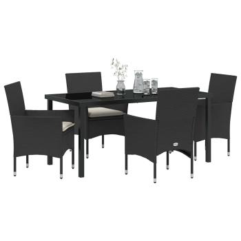 5-teiliges Garten-Essgruppe mit Kissen Schwarz Poly Rattan, Gartentisch Schwarz 160x80x73 cm Temperede Glass