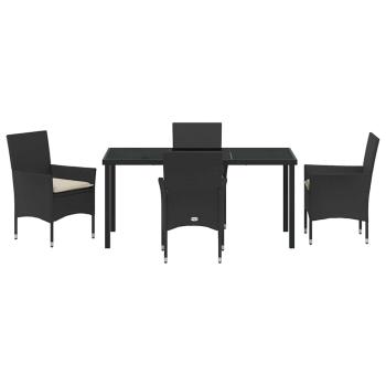 5-teiliges Garten-Essgruppe mit Kissen Schwarz Poly Rattan, Gartentisch Schwarz 160x80x73 cm Temperede Glass