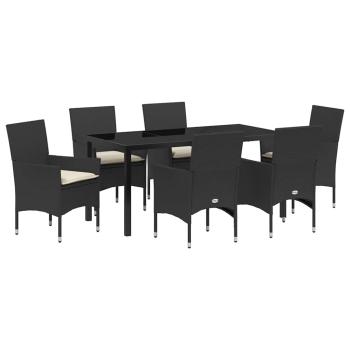 7 Teile Garten Essset mit Kissen Schwarz Poly Rattan, Gartentisch Schwarz 160x80x73 cm Gehärtetes Glas