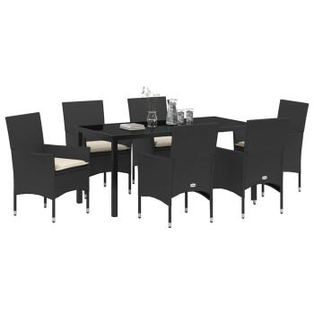7 Teile Garten Essset mit Kissen Schwarz Poly Rattan, Gartentisch Schwarz 160x80x73 cm Gehärtetes Glas