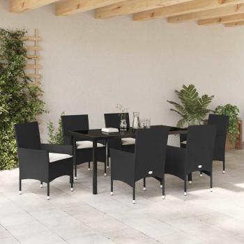 7 Teile Garten Essset mit Kissen Schwarz Poly Rattan, Gartentisch Schwarz 160x80x73 cm Gehärtetes Glas