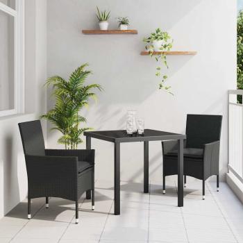 ARDEBO.de - 3-teiliges Garten Essgruppe mit Kissen Schwarzes Poly-Rattan, Gartentisch Schwarz 80x80x73 cm mit Sicherheitsglas