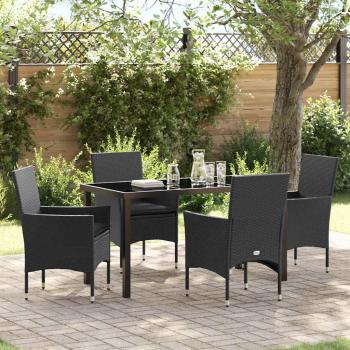 ARDEBO.de - 5-teiliges Garten Essgruppe Set mit Kissen Schwarz Poly-Rattan, Gartentisch Schwarz 140x80x73 cm Sicherheitsglas