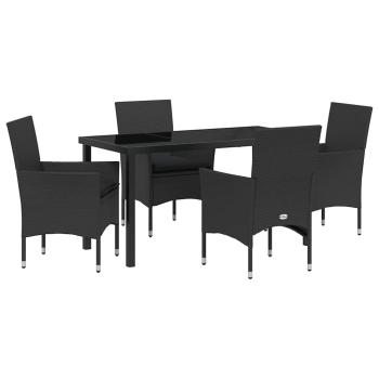 5-teiliges Garten Essgruppe Set mit Kissen Schwarz Poly-Rattan, Gartentisch Schwarz 140x80x73 cm Sicherheitsglas