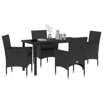 5-teiliges Garten Essgruppe Set mit Kissen Schwarz Poly-Rattan, Gartentisch Schwarz 140x80x73 cm Sicherheitsglas