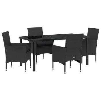 5-teiliges Garten-Essset mit Kissen Schwarz Poly-Rattan, Gartentisch Schwarz 160x80x73 cm Sicherheitsglas