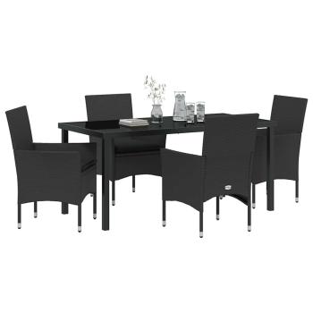 5-teiliges Garten-Essset mit Kissen Schwarz Poly-Rattan, Gartentisch Schwarz 160x80x73 cm Sicherheitsglas