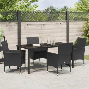 5-teiliges Garten-Essset mit Kissen Schwarz Poly-Rattan, Gartentisch Schwarz 160x80x73 cm Sicherheitsglas