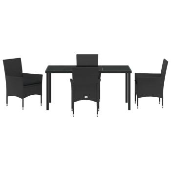 5-teiliges Garten-Essset mit Kissen Schwarz Poly-Rattan, Gartentisch Schwarz 160x80x73 cm Sicherheitsglas