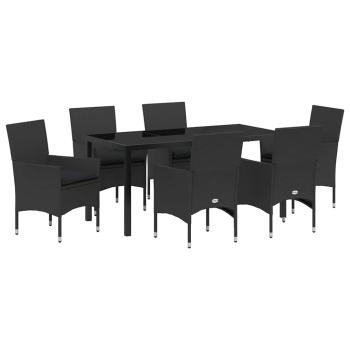 7-teiliges Garten Esstisch Set mit Kissen schwarzes Poly-Rattan, Gartentisch Schwarz 160x80x73 cm Sicherheitsglas