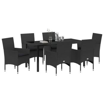 7-teiliges Garten Esstisch Set mit Kissen schwarzes Poly-Rattan, Gartentisch Schwarz 160x80x73 cm Sicherheitsglas