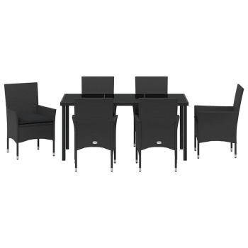 7-teiliges Garten Esstisch Set mit Kissen schwarzes Poly-Rattan, Gartentisch Schwarz 160x80x73 cm Sicherheitsglas