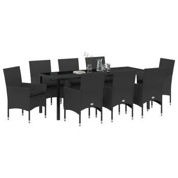 ARDEBO.de - 9-teiliges Garten-Essset mit Polstern Schwarzes Poly-Rattan, Gartentisch Schwarz 200x80x73 cm mit gehärtetem Glas